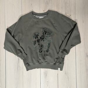 American Eagle sz Small olive green sweatshirt with rose velvet embellishments